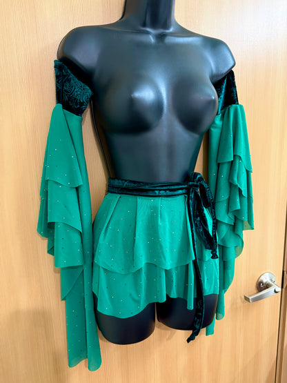 Green Rhinestone Wrap Skirt/Sleeve Set (S-L)